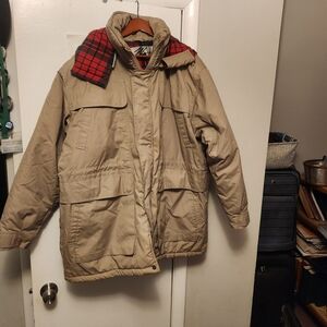 Men's Tan Puffer Jacket with Red Plaid Lining
